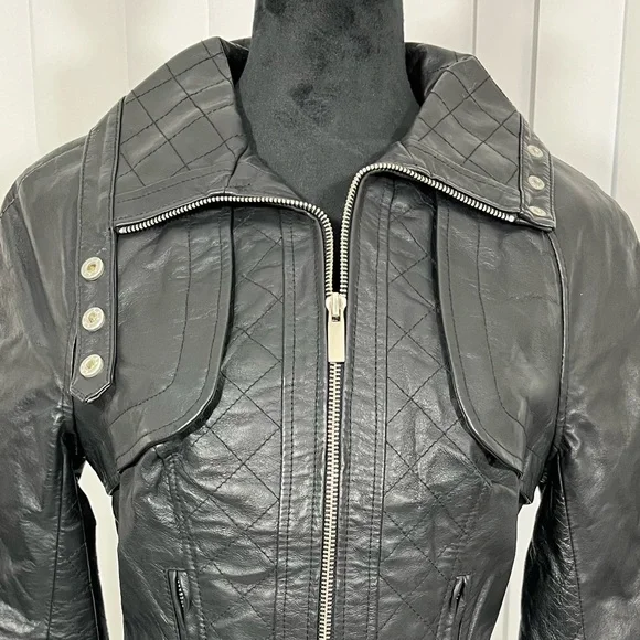 BLANC NOIR Quilted Leather Moto Jacket Belted Zip Up Lined Buckles Black Size S - Picture 6 of 9